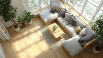 Fototapeta premium Bright Sunlit Living Room with Large Modern Cozy Sofa Set Cushions and Indoor Plants on Wooden Floor