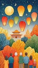 Colorful lanterns light up a serene night.