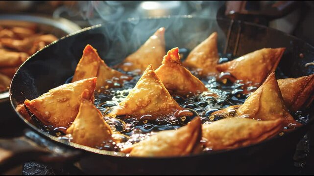 Boiling hot Samosas coming out of oil in frying utensil. Delicious Indian fried patties fresh out of the frying pan. Indian delicacy (fried pastry)