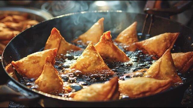 Boiling hot Samosas coming out of oil in frying utensil. Delicious Indian fried patties fresh out of the frying pan. Indian delicacy (fried pastry)