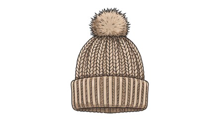 Beige Knit Hat with Pom Pom Illustration