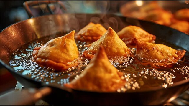 Boiling hot Samosas coming out of oil in frying utensil. Delicious Indian fried patties fresh out of the frying pan. Indian delicacy (fried pastry)