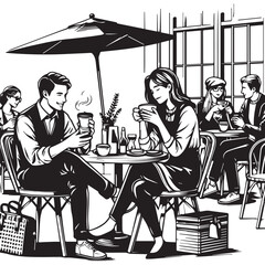 black and white vector of people sitting and drinking a cup of coffee