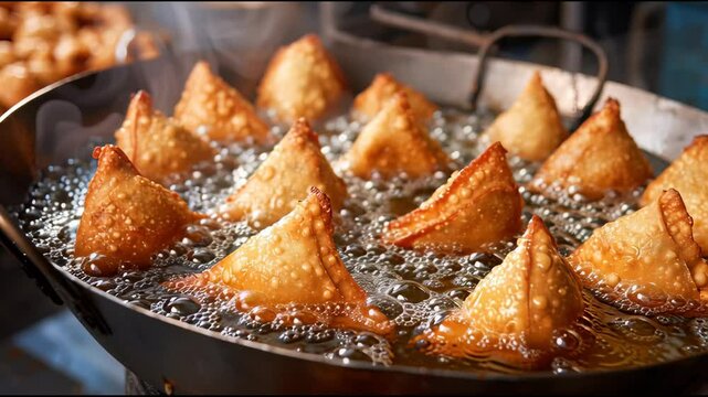 Boiling hot Samosas coming out of oil in frying utensil. Delicious Indian fried patties fresh out of the frying pan. Indian delicacy (fried pastry)