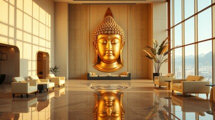 Luxurious Hotel Lobby with Imposing Golden Buddha Art