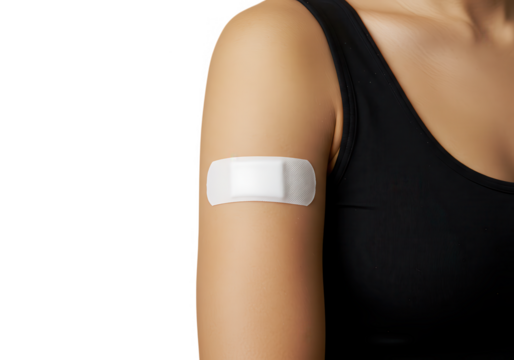 A womans arm with a white bandage after vaccination isolated on transparent background