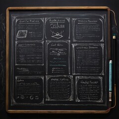 Exploring Enigmatic Chalkboard Medieval-Style Script Drawings in Dark Slate, Artistic Presentation, Unique Perspective