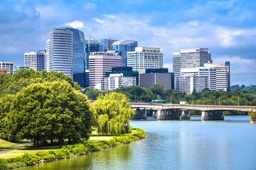 Washington DC, USA. City of Arlington in Northern Virginia skyscrapers view from Washington bridge