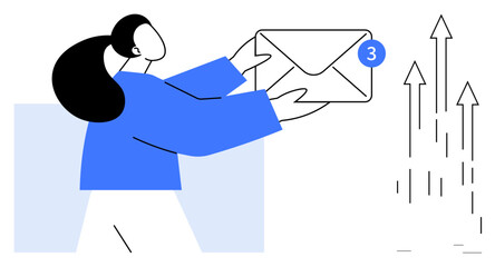 Woman reaching for envelope with notification badge, symbolizing communication, teamwork, growth, productivity, business success, email management, and efficient workflow. Simple flat metaphor