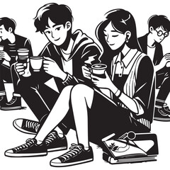 black and white vector of people sitting and drinking a cup of coffee