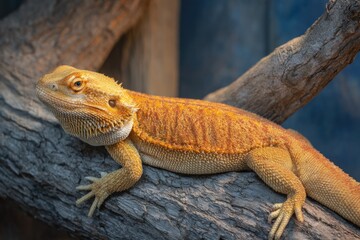 Fototapeta premium Brightly Colored Bearded Dragon Resting on Barked Tree Branch in Natural Environment with Blue Background