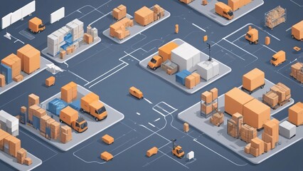 Cargo Trucks and Delivery Vehicles in a Modern Warehouse Isometric Logistics Network Overview