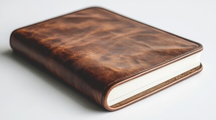 Obraz premium A closed, brown leather-bound book with a textured cover lies flat on a white surface.
