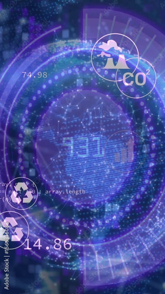 Poster animation of scope scanning and icons over moving columns