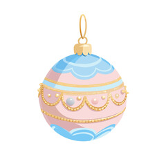 Vintage Christmas Ball Ornament Vector. Pink and Blue Decoration with Gold Detailing