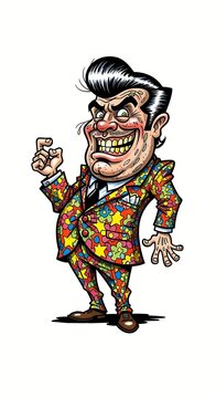 a drawing of a greasy car salesman doing a crazy pose against a solid white background. exaggerated low brow style art. character, caricature, suit, tie, wild, ripoff artist, scammer, shady, portrait
