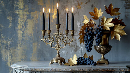 A still life photograph of an ornate antique brass candelabra and an ornamental vase against a textured gray wall.