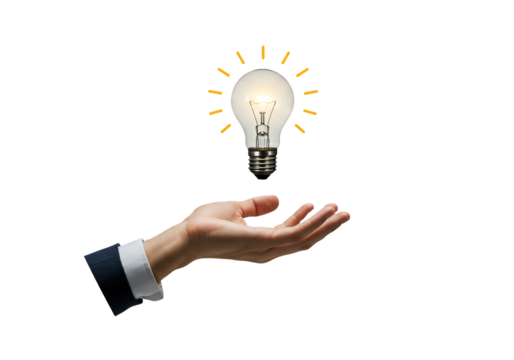 Hand reaching up holding a glowing light bulb on abstract background, symbolizing a bright idea - Powered by Adobe