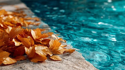 Golden autumn leaves rest on a stone edge beside vibrant turquoise water.