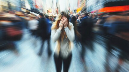 Professional female executive feeling overwhelmed, hands covering face amid bustling city background, symbolizing workplace pressure and emotional strain in contemporary corporate world
