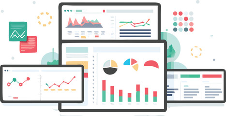 Multiple screens displaying various data charts and graphs for business analytics and reporting purposes