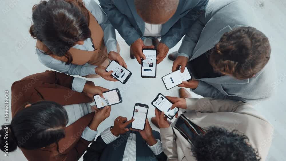 Poster business people, browsing and huddle with phone in circle for data sync, network or sharing above. t