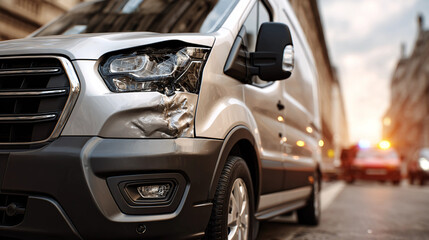 Damaged silver van on urban street after a traffic accident
