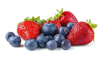 Normally arranged mix of strawberries and blueberries, other berries on white background, with photo-realistic details, professional color grading, soft shadows, low contrast, and clean sharp focus.