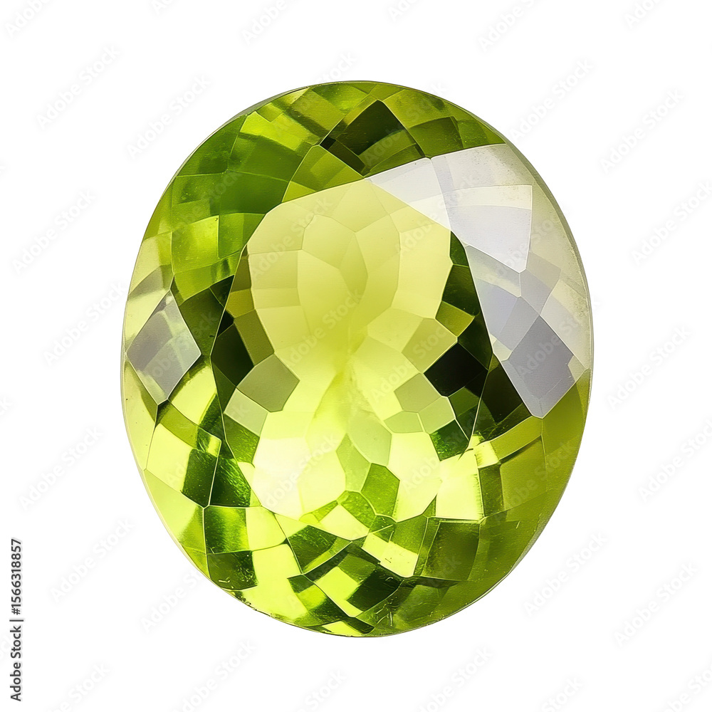 Poster isolated peridot gemstone in oval shape with vibrant green color against transparent background, iso