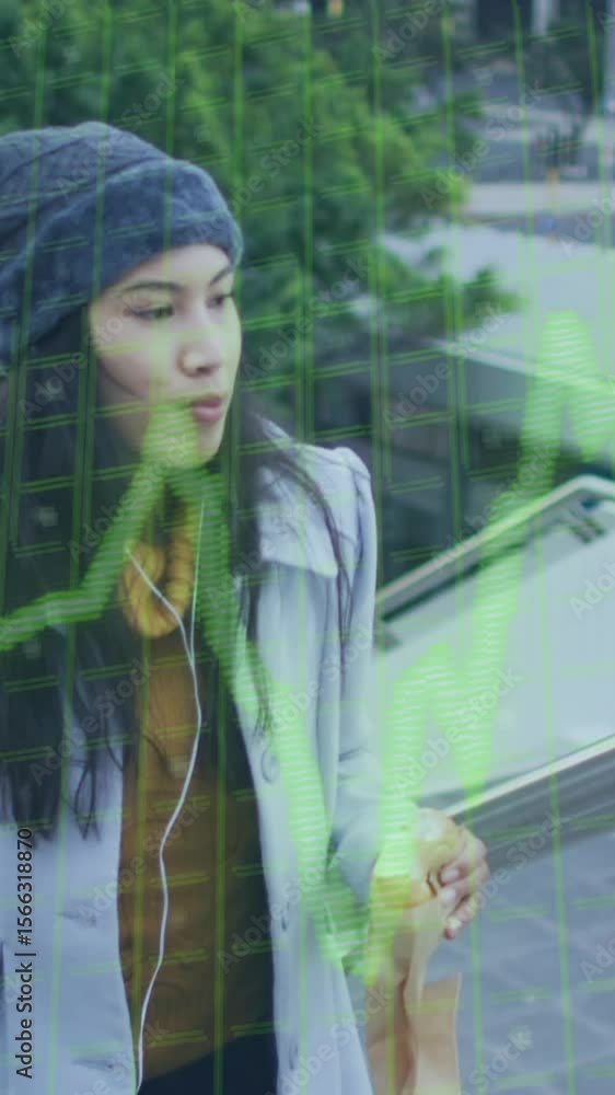 Poster animation of data processing and inflation text over woman walking