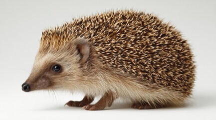 Obraz premium Close-up of a Small Hedgehog with Spiky Brown and Beige Fur, Black Eyes and Pointed Snout on White Background for Nature and Wildlife Themes