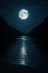 Bright full moon shining over river at night