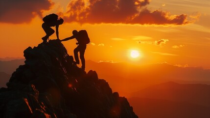 協力で登る、夕陽に染まる山頂への道