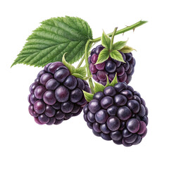 Fototapeta premium Three ripe blackberries with green leaves and thorny stem isolated on transparent background