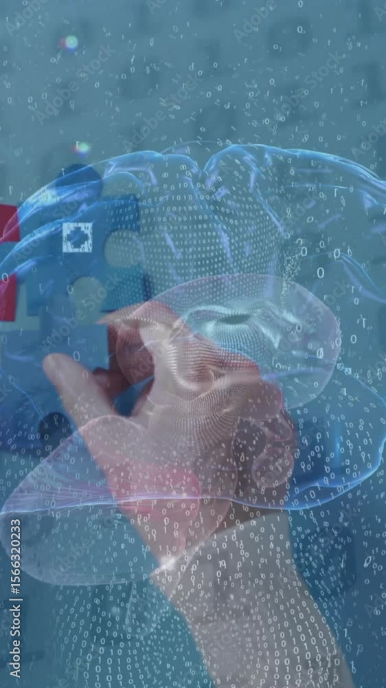 Aufkleber animation of digital brain and data processing over hands holding puzzle pieces on blue background