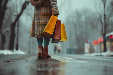 High Definition View of Woman with Shopping Bags on Road