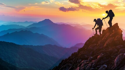 Fototapeta premium 協力で登る、夕陽に染まる山頂への道