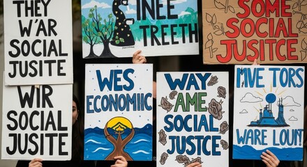 Fototapeta premium Protestors hold signs advocating for social justice, economic equality, and environmental protection.