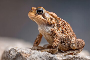 Fototapeta premium Close-up of a detailed textured toad with prominent eyes sitting on a rock surface on a blurred neutral background
