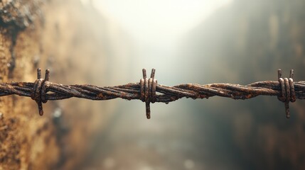 Rusty barbed wire stretches across a foggy trench in an ancient battlefield landscape
