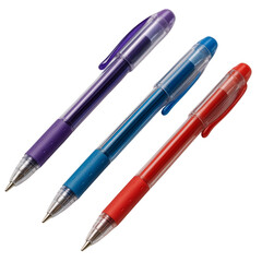 Three colorful ballpoint pens purple blue and red isolated on transparent background