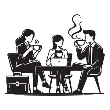 black and white vector of people sitting and drinking a cup of coffee