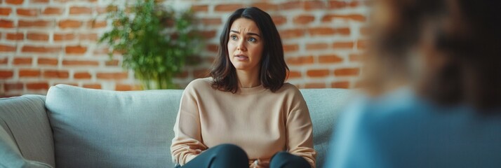 Fototapeta premium Woman sitting on sofa, sharing personal struggles with therapist during counseling session, seeking emotional support in comfortable, calming interior space