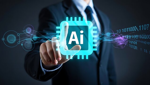 Businessman s hand touching a glowing blue circuit board with the letters ai surrounded by digital data streams and binary code representing artificial intelligence and technology - Powered by Adobe