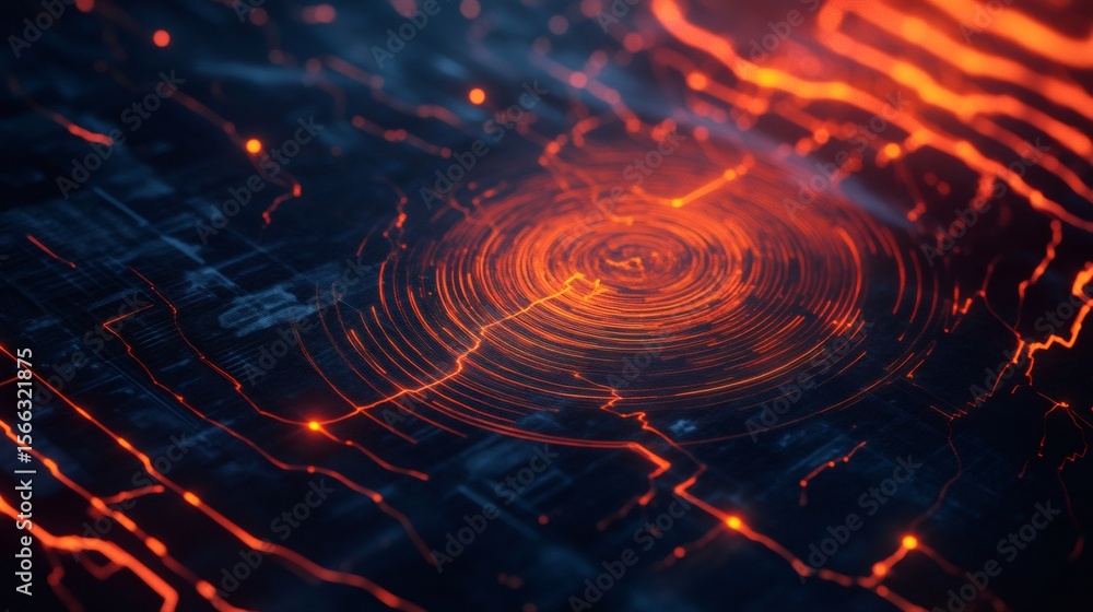 Aufkleber orange seismic waves are spreading on a dark surface from the epicenter during an earthquake simulat