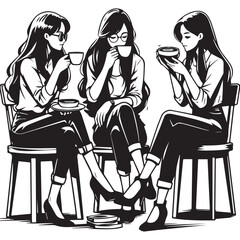 black and white vector of people sitting and drinking a cup of coffee