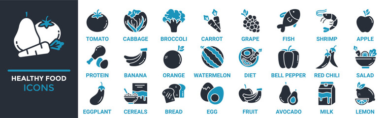 Healthy food icon set. Containing tomato, cabbage, broccoli, carrot, grape, fish, shrimp and more. Solid vector icons collection