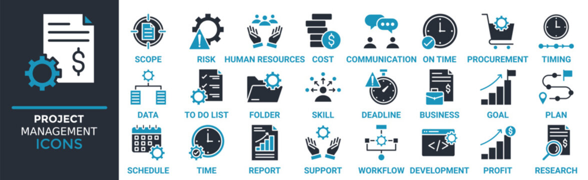 Project management icon set. Containing scope, risk, human resources, cost, communication, on time, procurement and more. Solid vector icons collection
