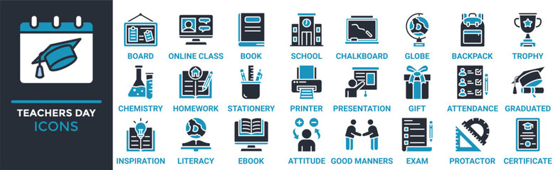 Teachers day icon set. Containing board, online class, book, school, chalkboard, globe, backpack and more. Solid vector icons collection