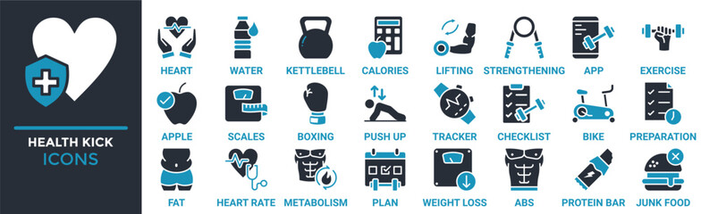 Health kick icon set. Containing heart, water, kettlebell, calories, lifting, strengthening, exercise and more. Solid vector icons collection